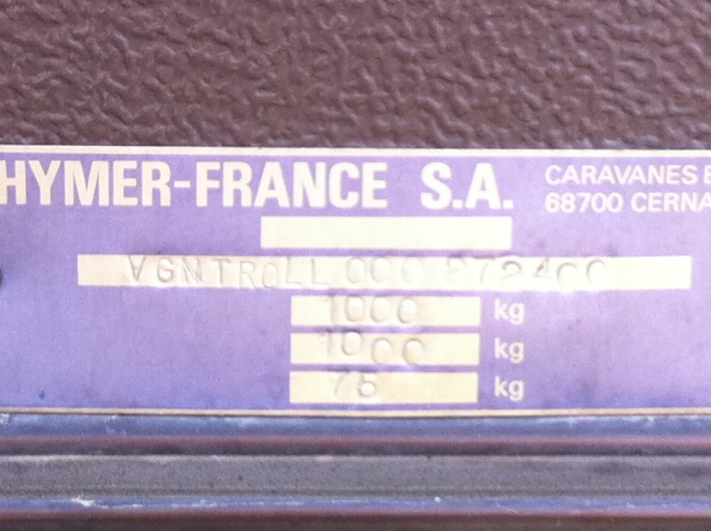 La plaque de notre Eriba Troll Manhattan  d'Octobre 1987